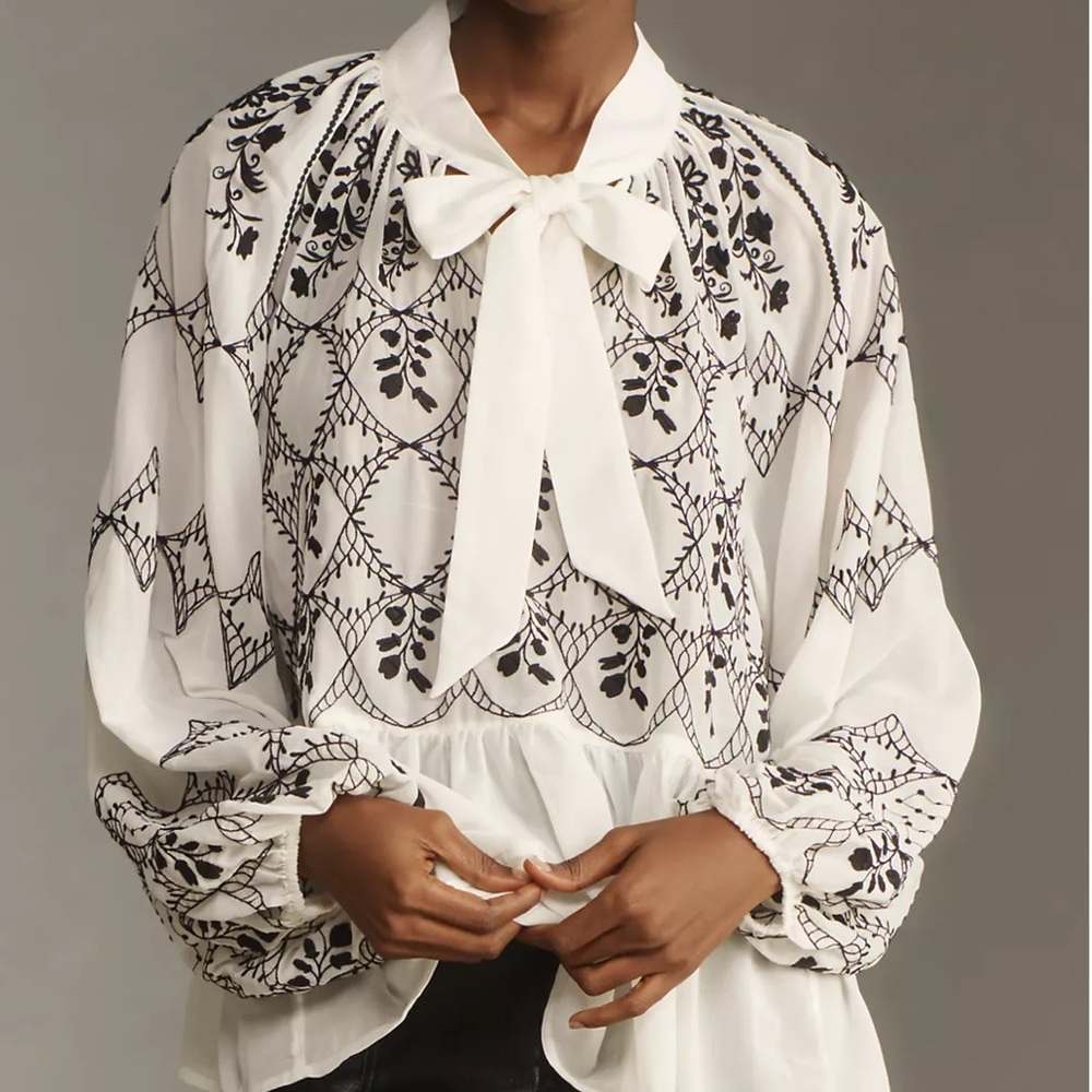 BY ANTHROPOLOGIE LONG-SLEEVE TIE-NECK EMBROIDERED BLOUSE - Picture 2 of 13
